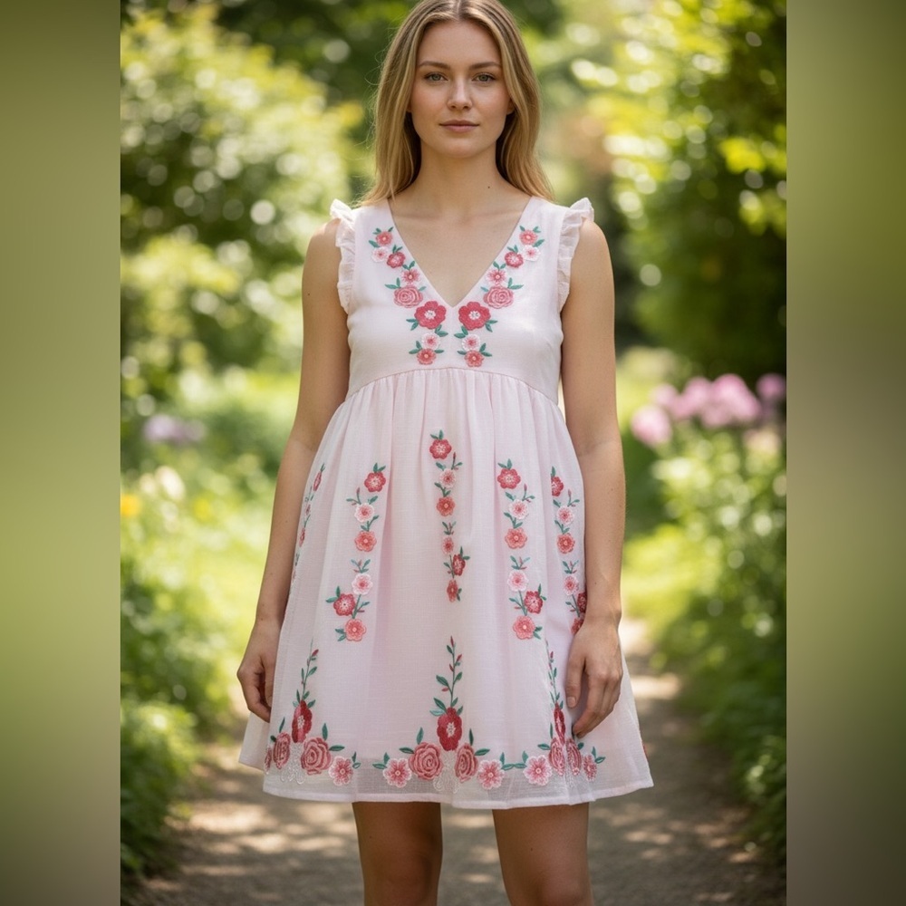 Savanna Jane Pink Floral Embroidered Babydoll Dress Small Boho V-Neck Boutique